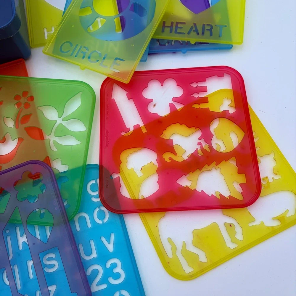Vtg Tuppertoys Stencil Art Set Blue Orange Case Alphabet‎ Numbers Animals 1987